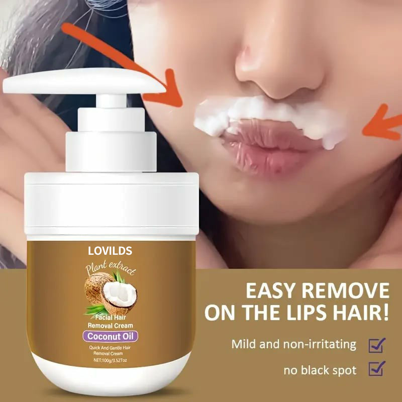 🔥Only $16.99 Last Day Promotion!⭐🌹 LOVILDS Coconut Oil Facial Hair Removal Cream - Gentle Lip Hair Removal